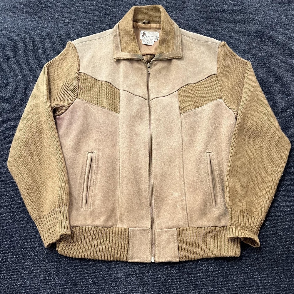 Vintage Bronzini Leather Knit Jacket Mens Large Tan Suede Zip‎ Bomber 80s 90s